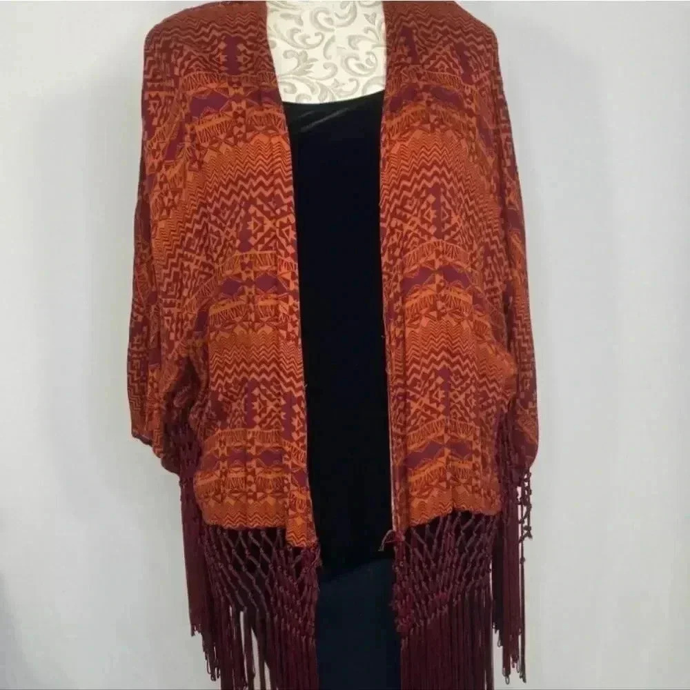 Forever21 Contemporary Open Front Kimono Cardigan Boho Aztec Print Fringe S NWOT